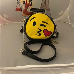 Yellow with black and the red heart happy face bag